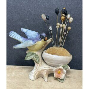 SWEET Little Old Vintage Pin Cushion Holder with BIRD And Flowers